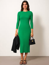Women Green Rib Mock Round Neck Midi Dress-BADRSS12620