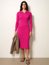 Women Fuchsia Rib High Neck Front Half Zipper Dress-BADRSS12621