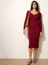 Women Maroon Rib Sweetheart Neck Knee Dress-BADRSS12633