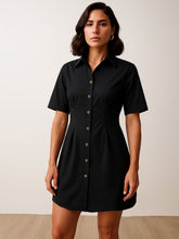Women Black Smocked Pure Cotton Shirt Mini Dress-BADRSS12642