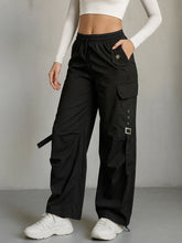 Women Black Parachute Side Metal Buckle Detail Cargos-BAPANT51087
