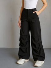 Women Black Parachute Pintuck Cargos-BAPANT51089