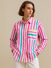 Women Pink Multi Stripes Pocket Detail Oversized Shirt-BASHRT20548