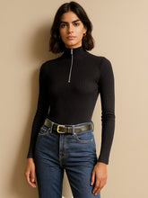 Women Black Rib Half Zipper Full Sleeves Top-BATOPS42124