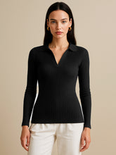 Women Black Rib Polo Style V-Neck Neck Top-BATOPS42127