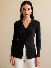 Women Black Rib Front Button Top-BATOPS42128