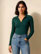 Women Emerald Rib Polo Style V-Neck Neck Top-BATOPS42133