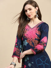 Women Floral Navy Blue A-Line Kurta Set-BCK-1967-Navyblue