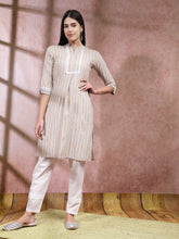 Women's Woven Striped Cotton Blend Straight Kurta-BEIGEBOSS