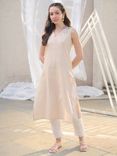 Stylum Women's Beige Solid & Embroidered Cotton Blend Straight Kurta (BEIGENIMO)