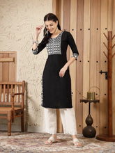 Women's Black Solid & Embroidered Rayon Straight Kurta-BLACKADAM