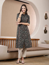 Women's Black Paisley Printed Rayon A-Line Kurta-BLACKBARFI