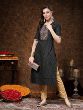 Women's Black Woven Design & Embroidered Lurex Cotton Straight Kurta-BLACKCHAO