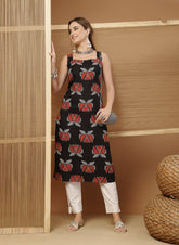 Stylum Women's Rust Block Printed Cotton Straight Kurta (BLACKLETTUCE)
