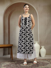 Stylum Women's Black Floral Printed Cotton Straight Kurta (BLACKSTRAP)