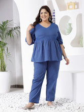 Plus Size Women Self Woven Kantha Cotton Co-Ord Set-BLUEKATHACORDPLUS