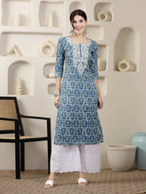 Women's Blue Printed & Embroidered Rayon Straight Chicken Kurta-BLUETONY