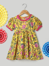 Pure Printed Cotton Puff Sleeve Summer Frock for Girls- Yellow-BS24DR76YWB