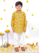 Pure Cotton Printed Pathani Kurta Salwaar Set For Boys - Yellow-BS25DK02YLA