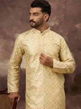 Ethnic Bay Men Yellow Silk Blend Solid Embroidered Straight Kurta With Pant Set-MKSET1383
