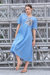 Plus Size Hand-Painted Blue Cotton A-Line Dress for Women-CL-SW-3052