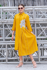 Plus Size Hand-Painted Mustard Cotton Shirt Collar A-Line Flared Dress-CL-SW-3054