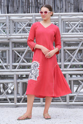 Plus Size Hand-Painted Pink Cotton A-Line Dress-CL-SW-3055