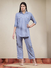 Women's Woven Striped Cotton Blend Co-Ord Set-CSBLUEHAVEN
