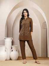 Stylum Women's Brown Solid & Embroidered Acrylic Straight Co-Ord Set (CSBROWNZARZA)