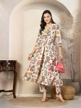 Women's Floral Printed Rayon A-Line Kurta Pant Set-CSNAINABEIGE