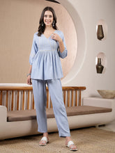 Women's Blue Solid & Embroidered Rayon Co-Ord Set-CSSKYZALAK