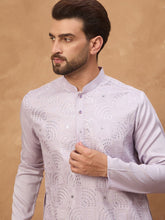 Ethnic Bay Men Lavender Silk Blend Solid Embroidered Straight Kurta With Pant Set-MKSET1443
