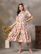 Women's Beige Tropical Printed Rayon Tiered Dress-DRSBEIGESOMIL