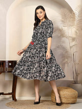 Women's Black Floral Printed Polyester Tiered Dress-DRSBLACKBURGER