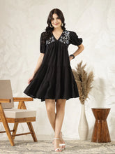 Women's Black Solid & Embroidered Rayon Flared Dress-DRSBLACKLIMBO
