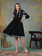 Women's Black Solid & Embroidered Velvet Flared Dress-DRSBLACKPRETTY