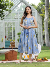 Stylum Women's Blue Striped & Floral Printed Cotton Dress (DRSBLUEAND)