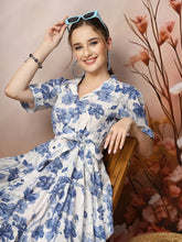 Women's Floral Printed Cotton Flared Dress-DRSBLUEKINNU