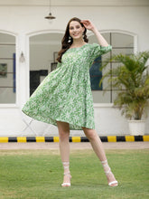 Women's Tropical Printed Cotton Pleated A-Line Dress-DRSGREENCOOLER