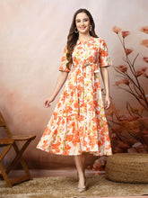 Women's Floral Printed Cotton Flared Dress-DRSORANGEKINNU