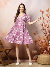 Women's Tropical Printed Cotton Flared Dress-DRSPURPLEFANTA