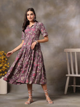 Women's Purple Tropical Printed Rayon Tiered Dress-DRSPURPLESOMIL