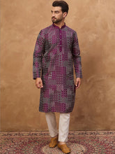 Ethnic Bay Men Purple Silk Blend Geometric Printed Straight Kurta With Pant Set-MKSET1529