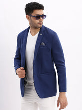 Men Solid Navy Blue Single Breasted Blazer-EX-Cotry-Navyblue