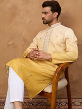 Ethnic Bay Men Yellow Silk Blend Solid Embroidered Straight Kurta With Pant Set-MKSET1486