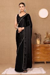 Women's Latest Solid Satin Saree With Unstiched Blouse-AVN-1694-BLACK