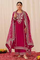 Pink Silk Blend Embroidered Solid Yoke Design Straight Palazzo Suit Set PKSKD2490