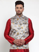 Men's Grey Printed Solid Nehru Jacket