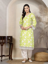 Women's Green Floral Printed Cotton Straight Kurta-GREENGALI