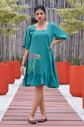 Plus Size Green Hand Painted Square Neck Cotton Dress-CL-SW-3046